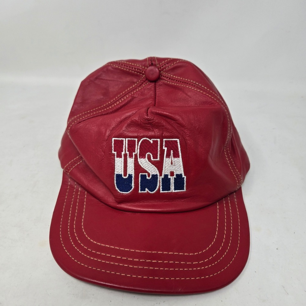 Vintage Henschel Hatquarters USA Red Leather Baseball Cap Hat OSFA Embroidered
